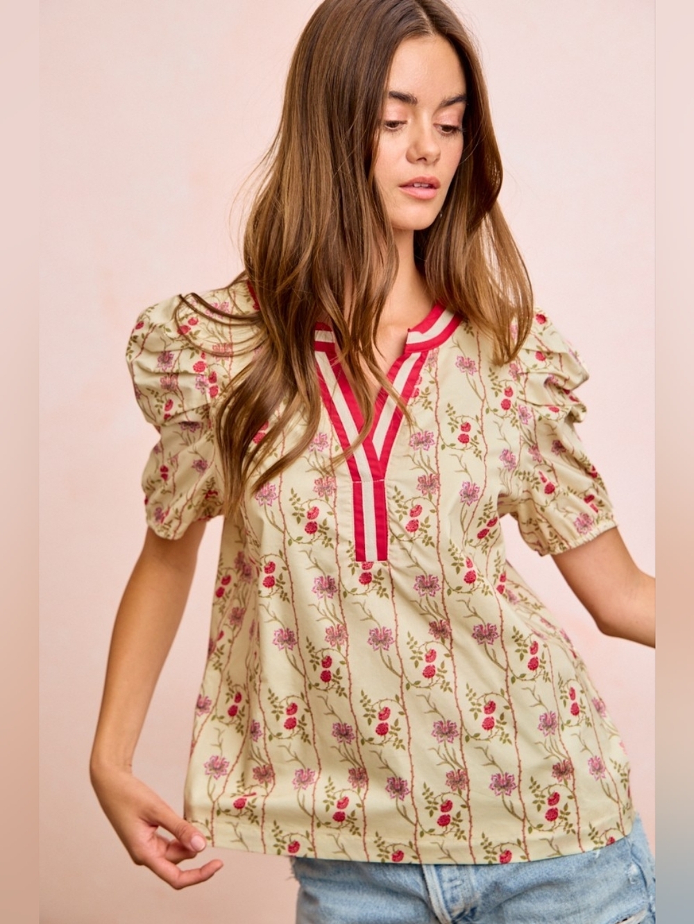 BiBi Floral Gather Sleeves Contrast Neckband Blouse Top- Cream And Pink - Picture 3 of 9